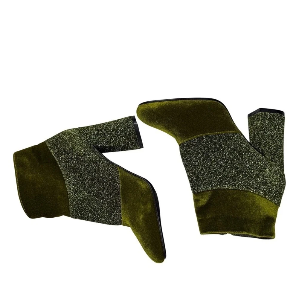 Yoki Womens Olive Green Velvet and Glitter‎ Block Heel Ankle Boots Side Zip